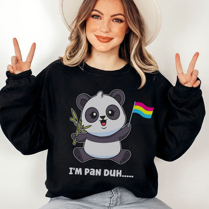 woman wearing funny pansexual panda sweatshirt