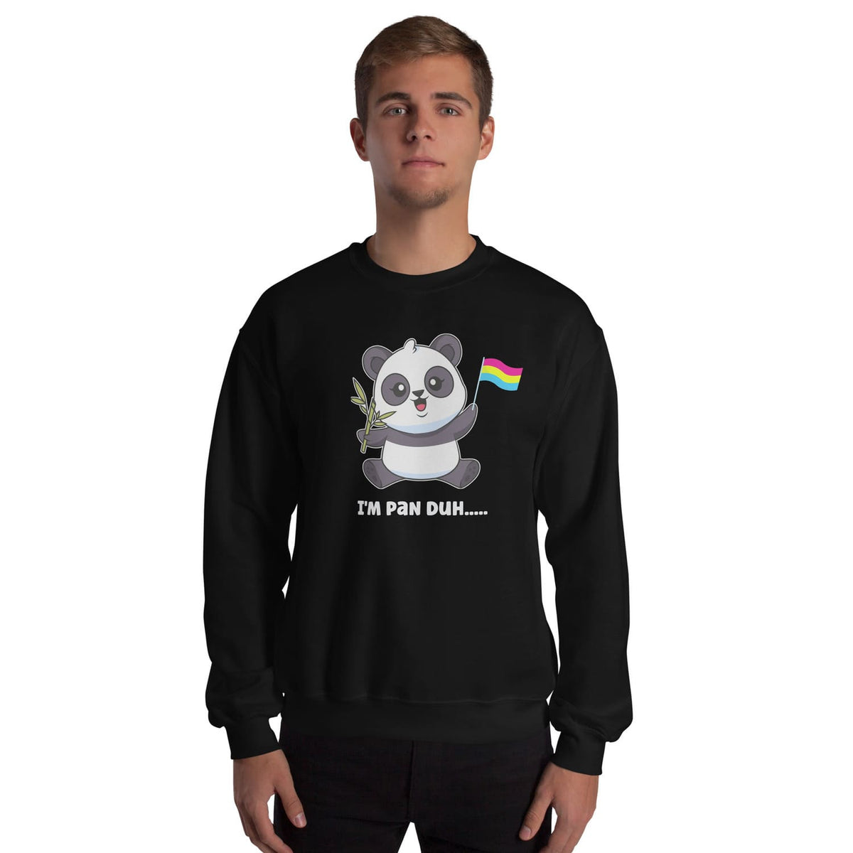 man wearing funny pansexual panda sweatshirt
