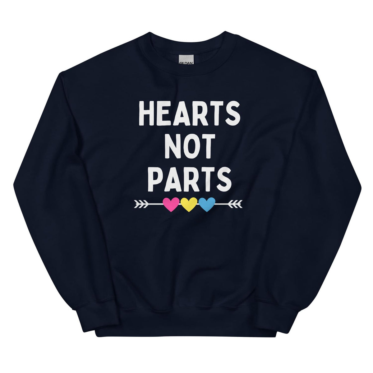 Pansexual sweatshirt with 'Hearts Not Parts' text and colorful hearts on a white background