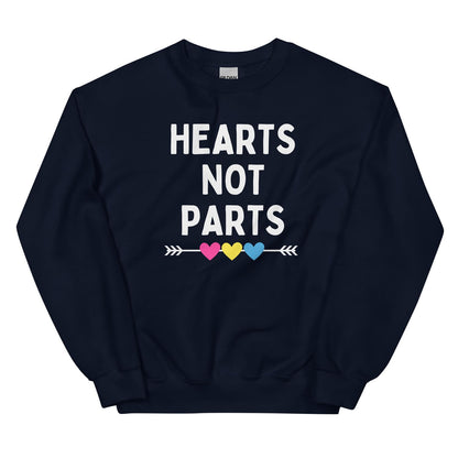 Pansexual sweatshirt with 'Hearts Not Parts' text and colorful hearts on a white background