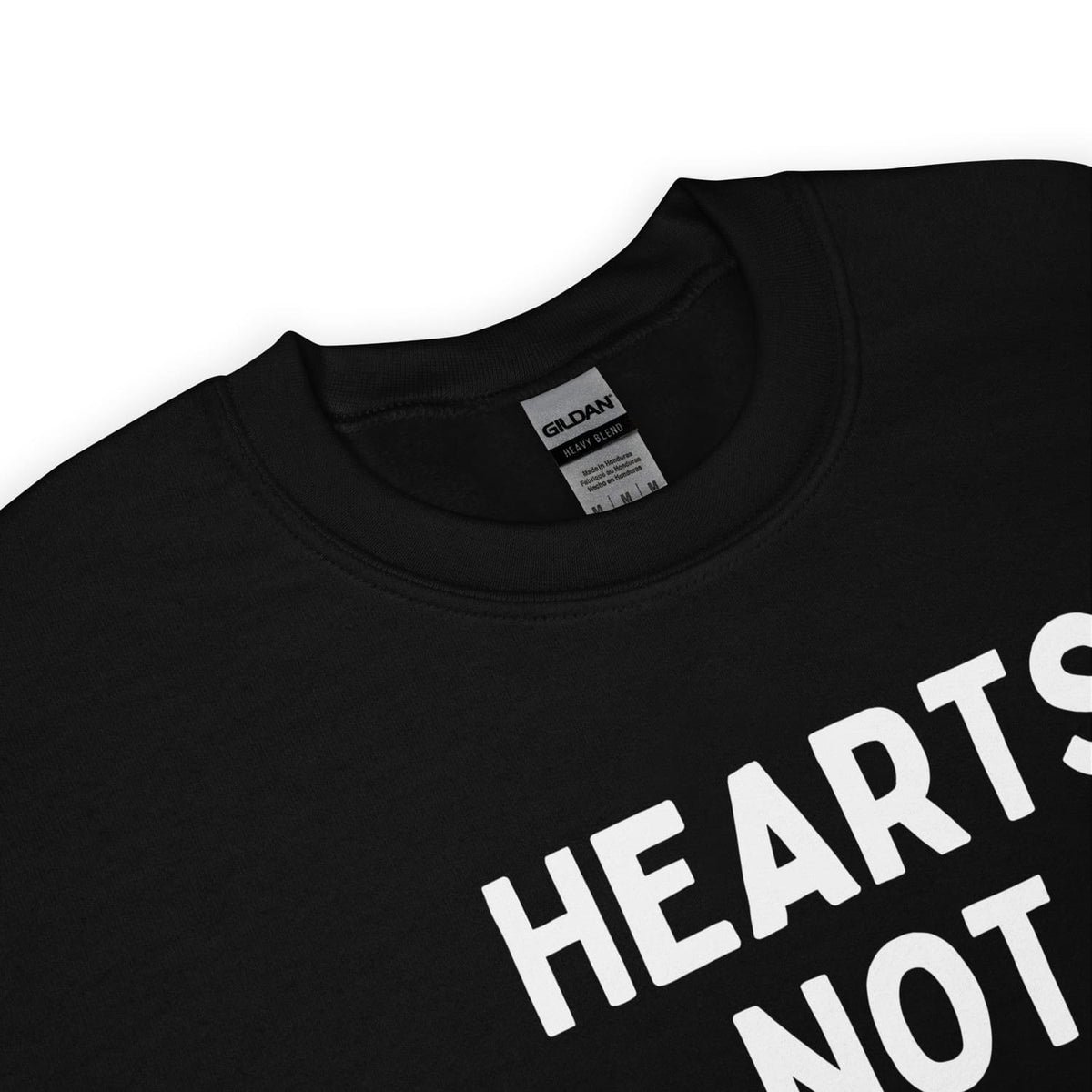 Zoom on pansexual sweatshirt with white text 'HEARTS NOT PARTS' on a white background