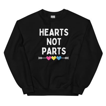 Black pan pride sweatshirt with 'Hearts Not Parts' text and colorful hearts on a white background