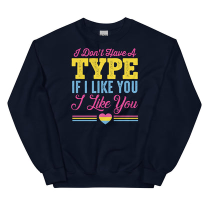 Pansexual sweatshirt with colorful text and a heart symbol on a white background
