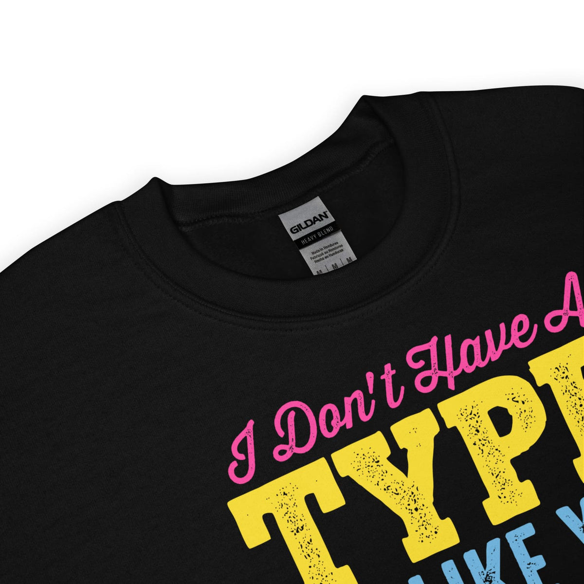Detail pansexual sweatshirt with colorful text design on a white background