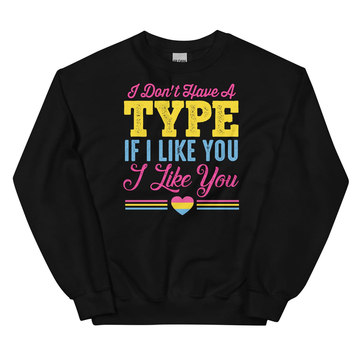 Black pansexual sweatshirt with colorful pan text and a heart symbol on a white background
