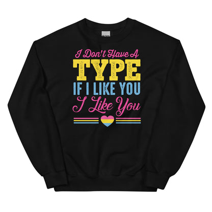 Black pansexual sweatshirt with colorful pan text and a heart symbol on a white background