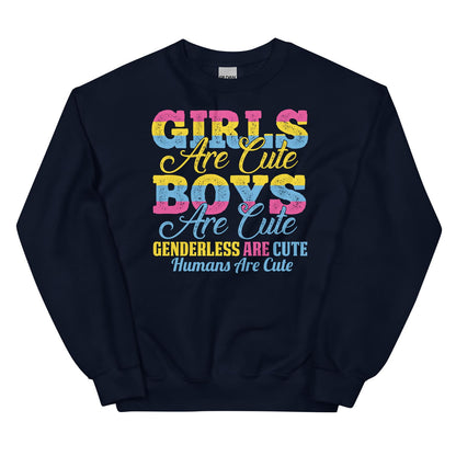 Pansexual sweatshirt with colorful text on a white background