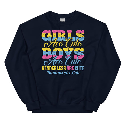Pansexual sweatshirt with colorful text on a white background