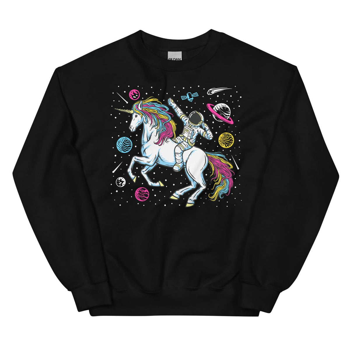 Black sweatshirt with a pansexual graphic of a unicorn and astronaut on a white background