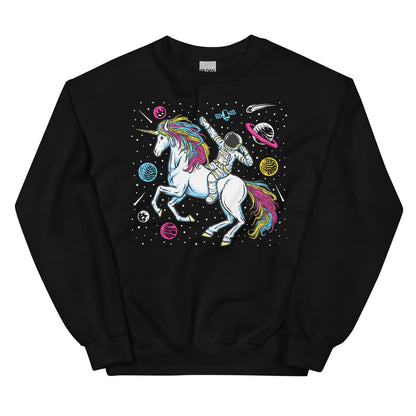 Black sweatshirt with a pansexual graphic of a unicorn and astronaut on a white background