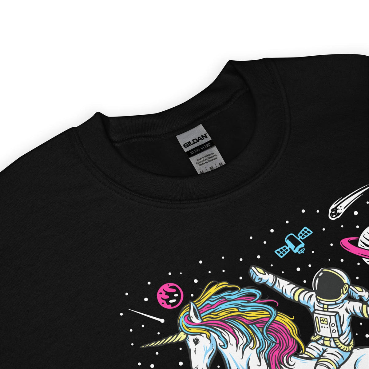 zoom on sweatshirt with a pansexual unicorn and astronaut design on a white background