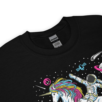 zoom on sweatshirt with a pansexual unicorn and astronaut design on a white background