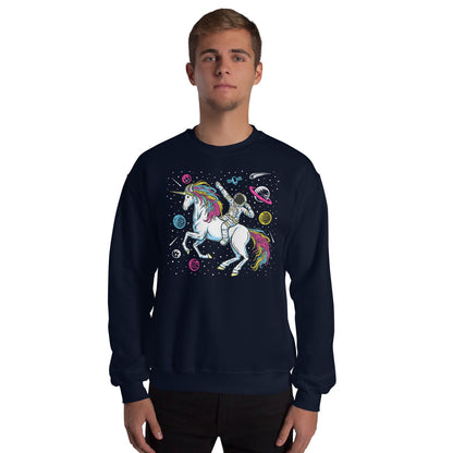 Person wearing a navy blue sweatshirt with a pansexual unicorn design on a white background