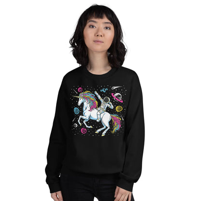 Person wearing a black sweatshirt with a pansexual unicorn and astronaut design on a white background