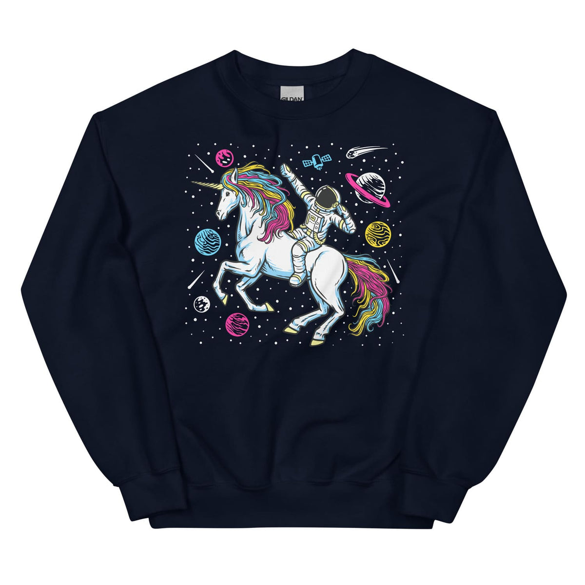 Navy sweatshirt with a pansexual graphic of an astronaut riding a unicorn in space.