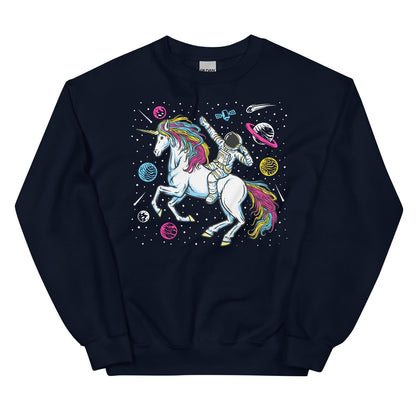 Navy sweatshirt with a pansexual graphic of an astronaut riding a unicorn in space.