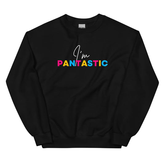 Black pansexual sweatshirt with 'I'm PANTASTIC' text in colorful letters on a white background