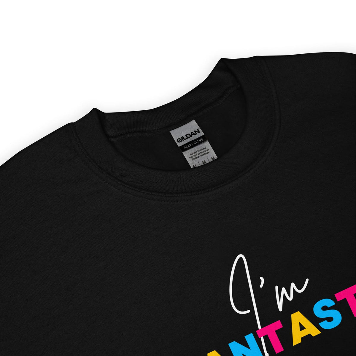 Bdetail of pan pride sweatshirt with colorful text on a white background