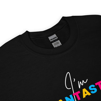 Bdetail of pan pride sweatshirt with colorful text on a white background
