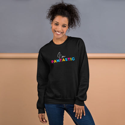 Person wearing a black pansexual sweatshirt with 'I'm PANTASTIC' text, standing against a neutral background