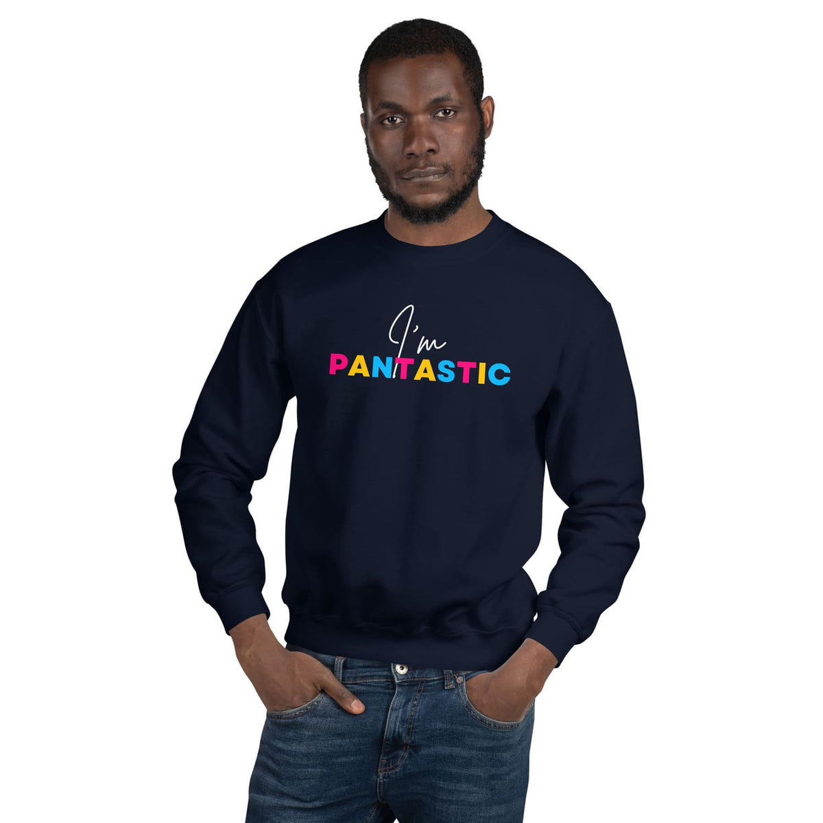 Man wearing a navy blue pansexual sweatshirt with text on a white background