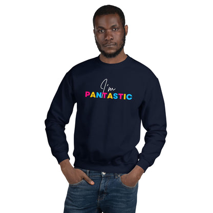 Man wearing a navy blue pansexual sweatshirt with text on a white background