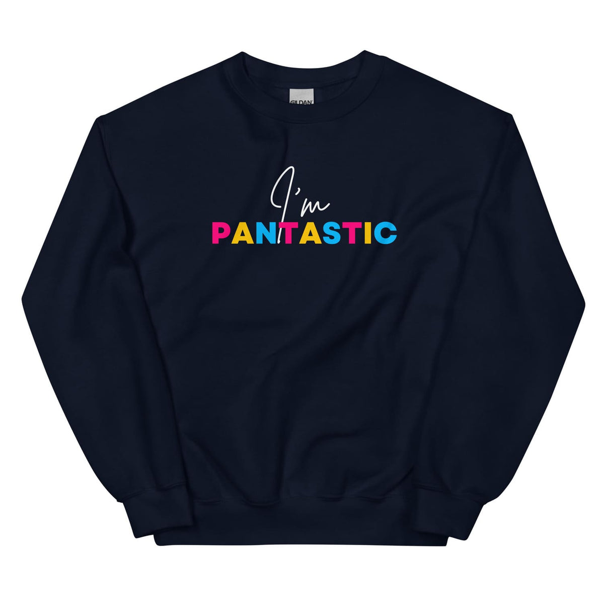 Navy pansexual  sweatshirt with 'I'm PANTASTIC' text in colorful letters on a white background
