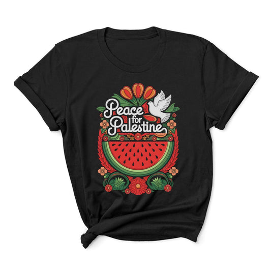 Black t-shirt with 'Peace for Palestine' design featuring a watermelon and dove on a white background
