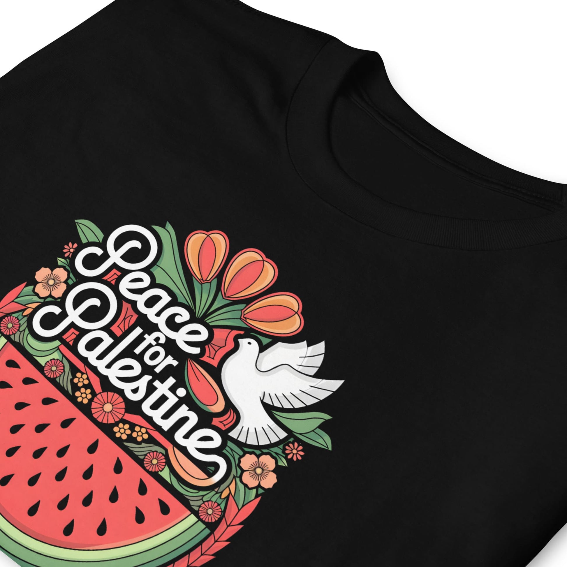Black t-shirt with 'Peace for Palestine' design featuring a dove, watermelon, and flowers.