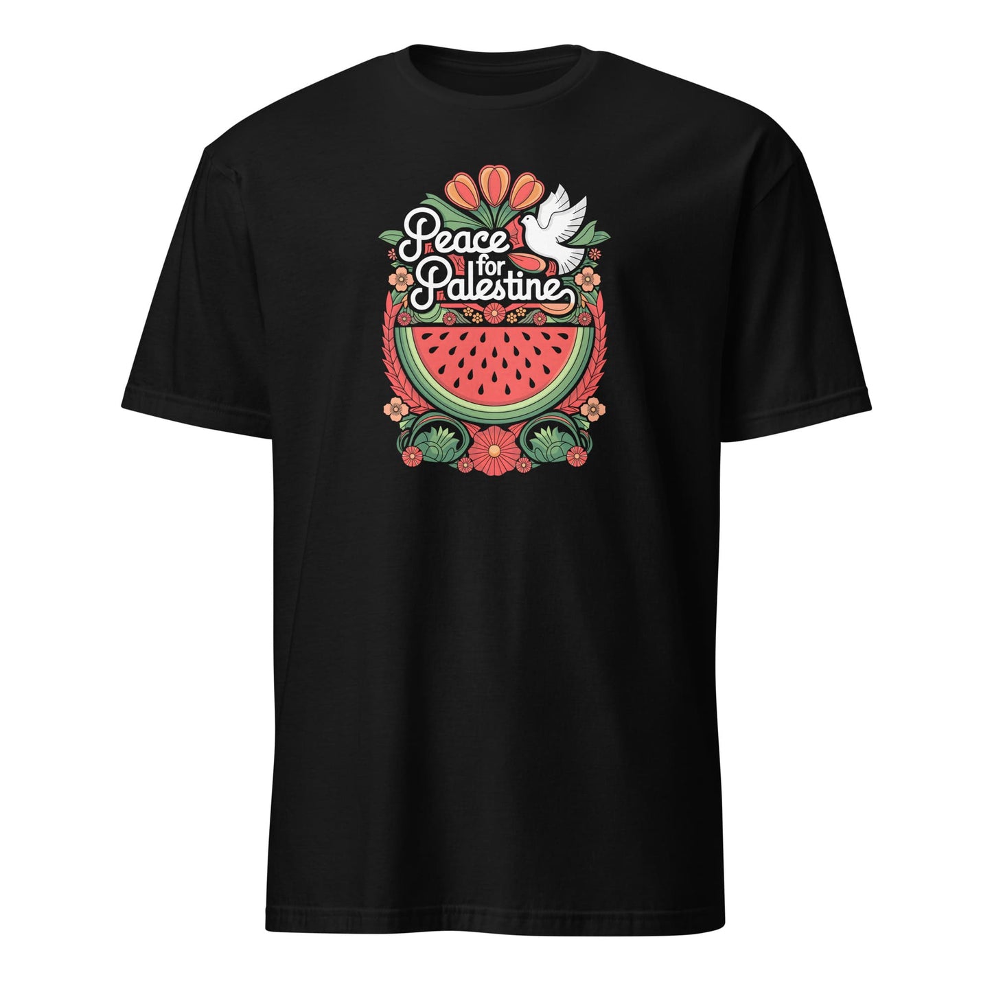 Black t-shirt with 'Peace for Palestine' design featuring a watermelon and dove on a white background