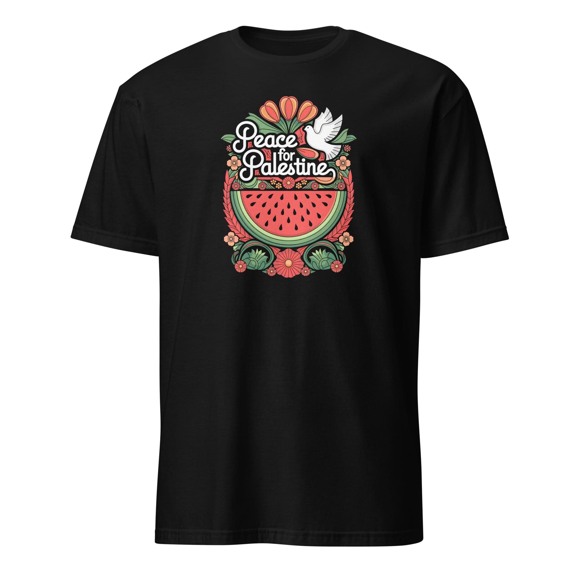 Black t-shirt with 'Peace for Palestine' design featuring a watermelon and dove on a white background