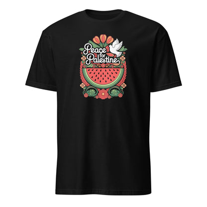 Black t-shirt with 'Peace for Palestine' design featuring a watermelon and dove on a white background
