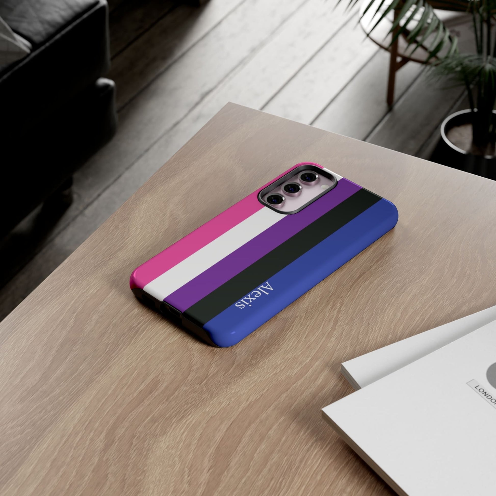 personalised genderfluid flag phone case, on table