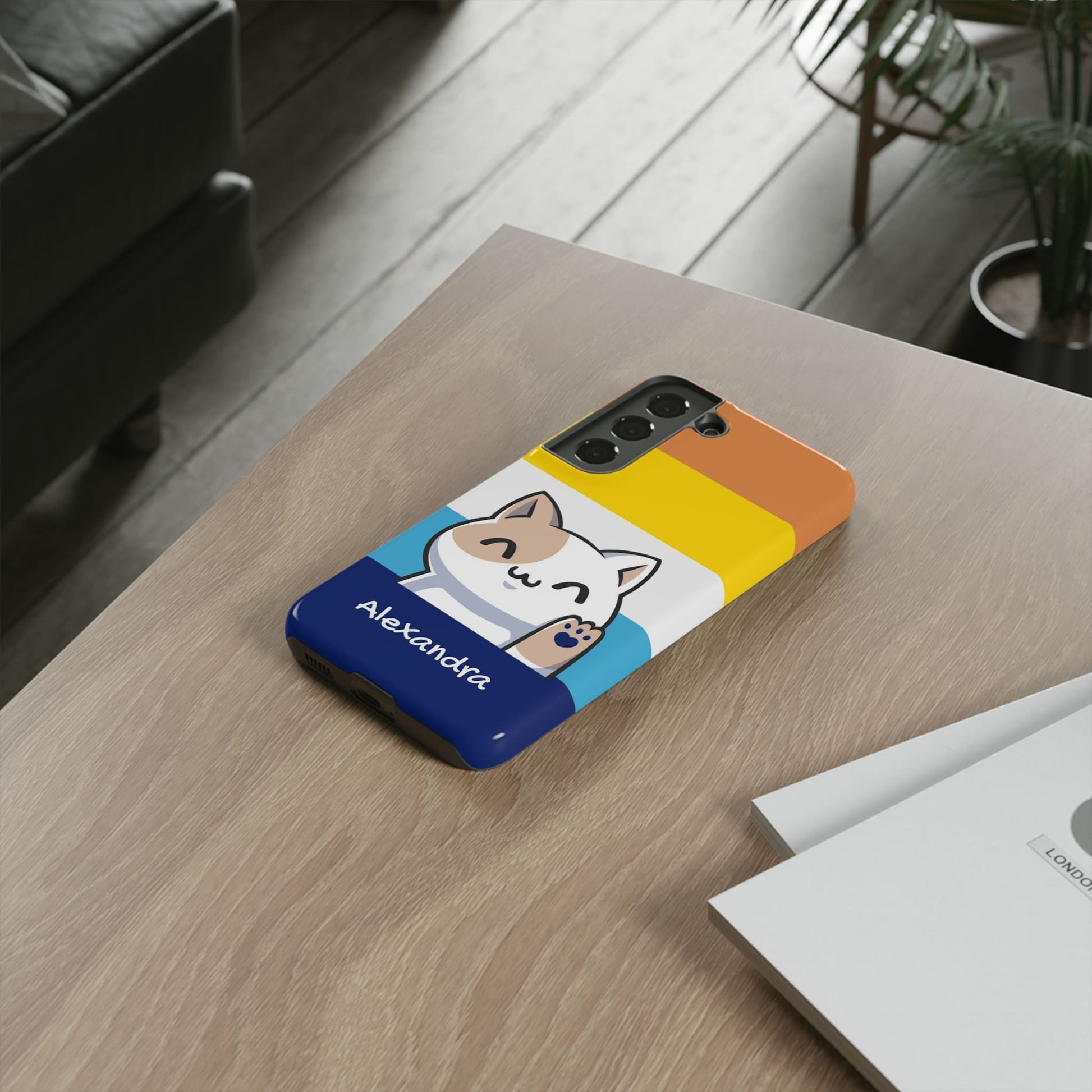 personalized aroace phone case kawaii cat, on table