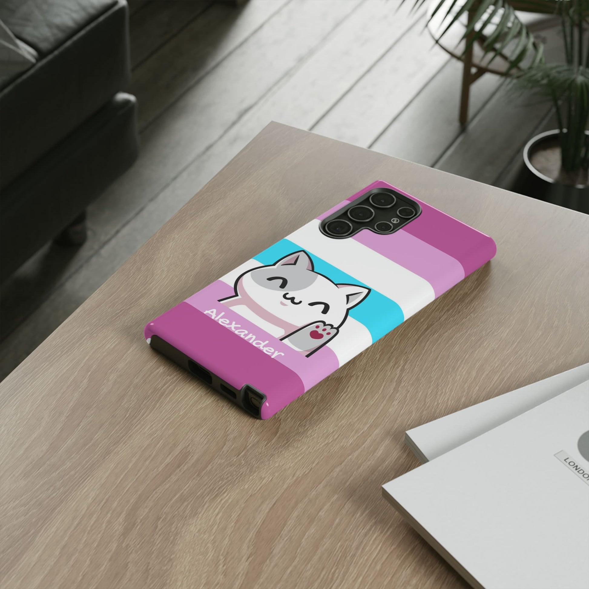 personalised femboy phone case kawaii cat, on table