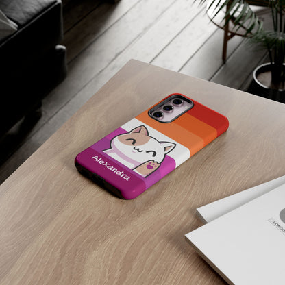 personalised lesbian phone case kawaii cat, on table