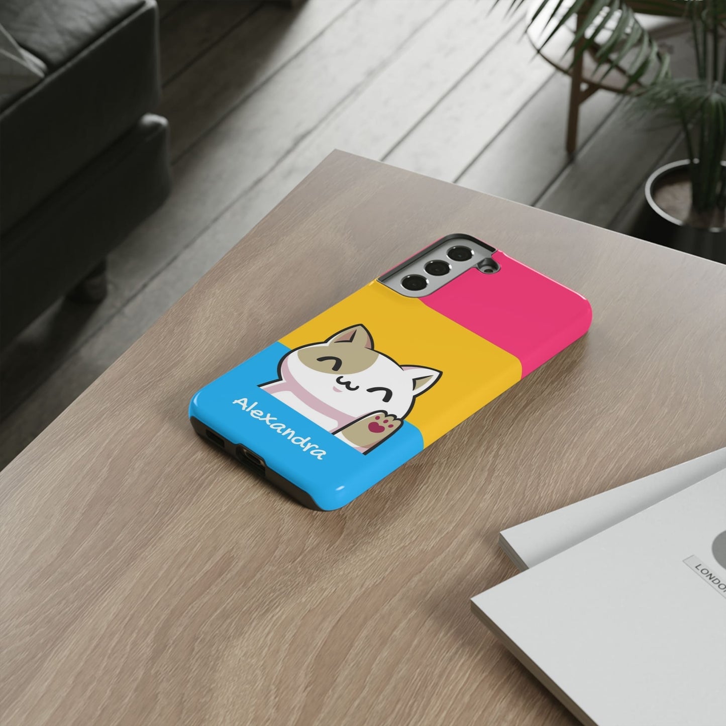 personalised pansexual phone case kawaii cat, on table