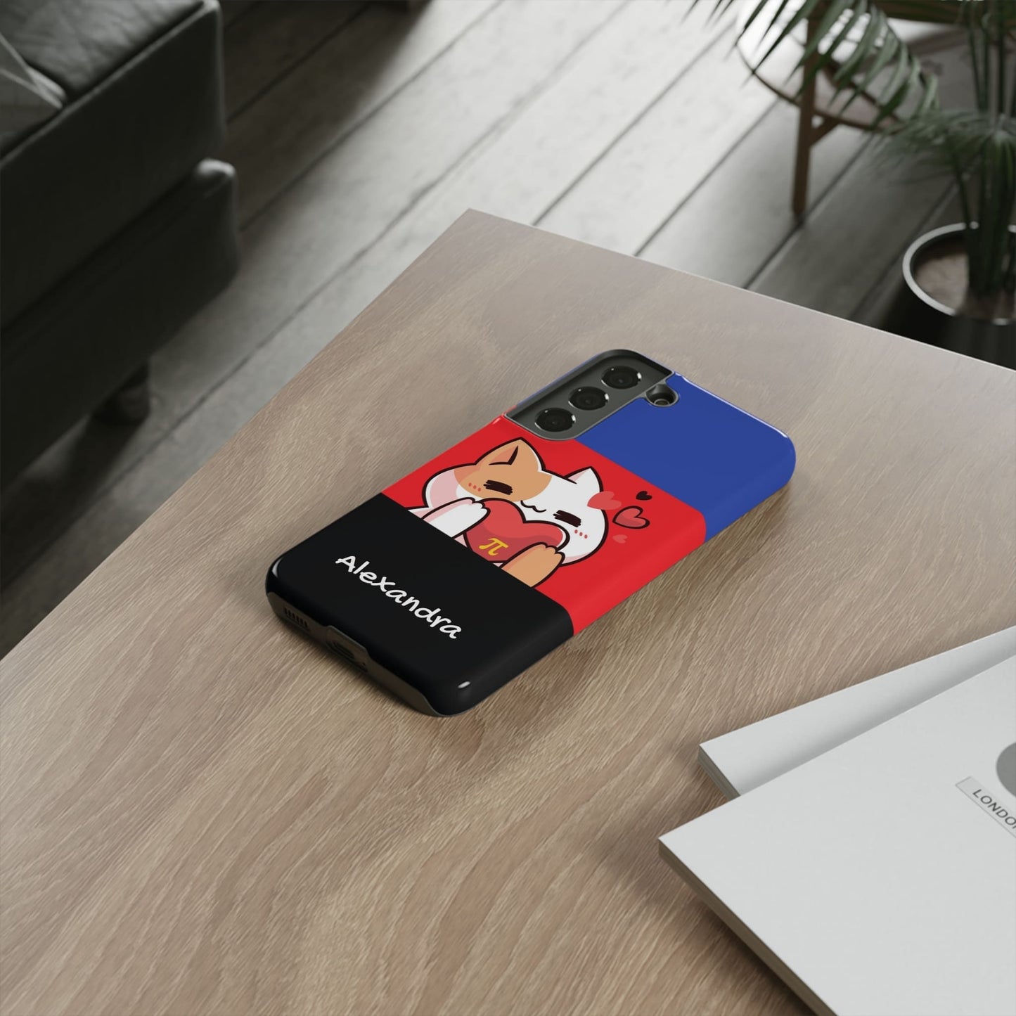 personalized polyamory phone case kawaii cat, on table