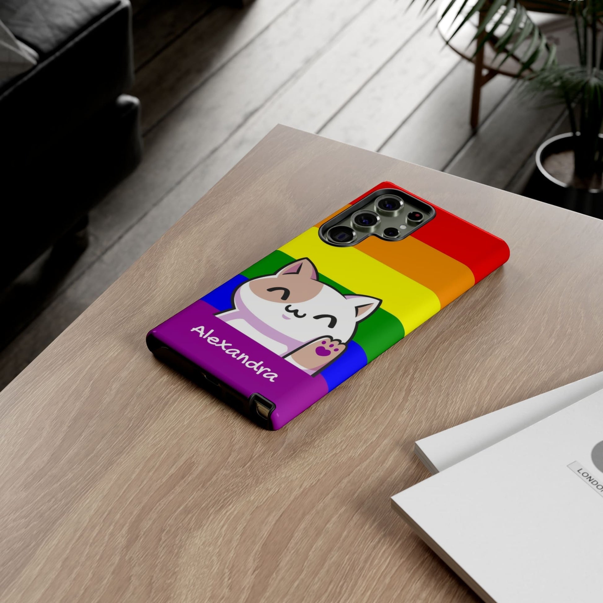 lgbt pride phone case kawaii cat, on table