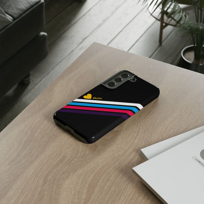 personalised tricolor polyamory phone case, on table