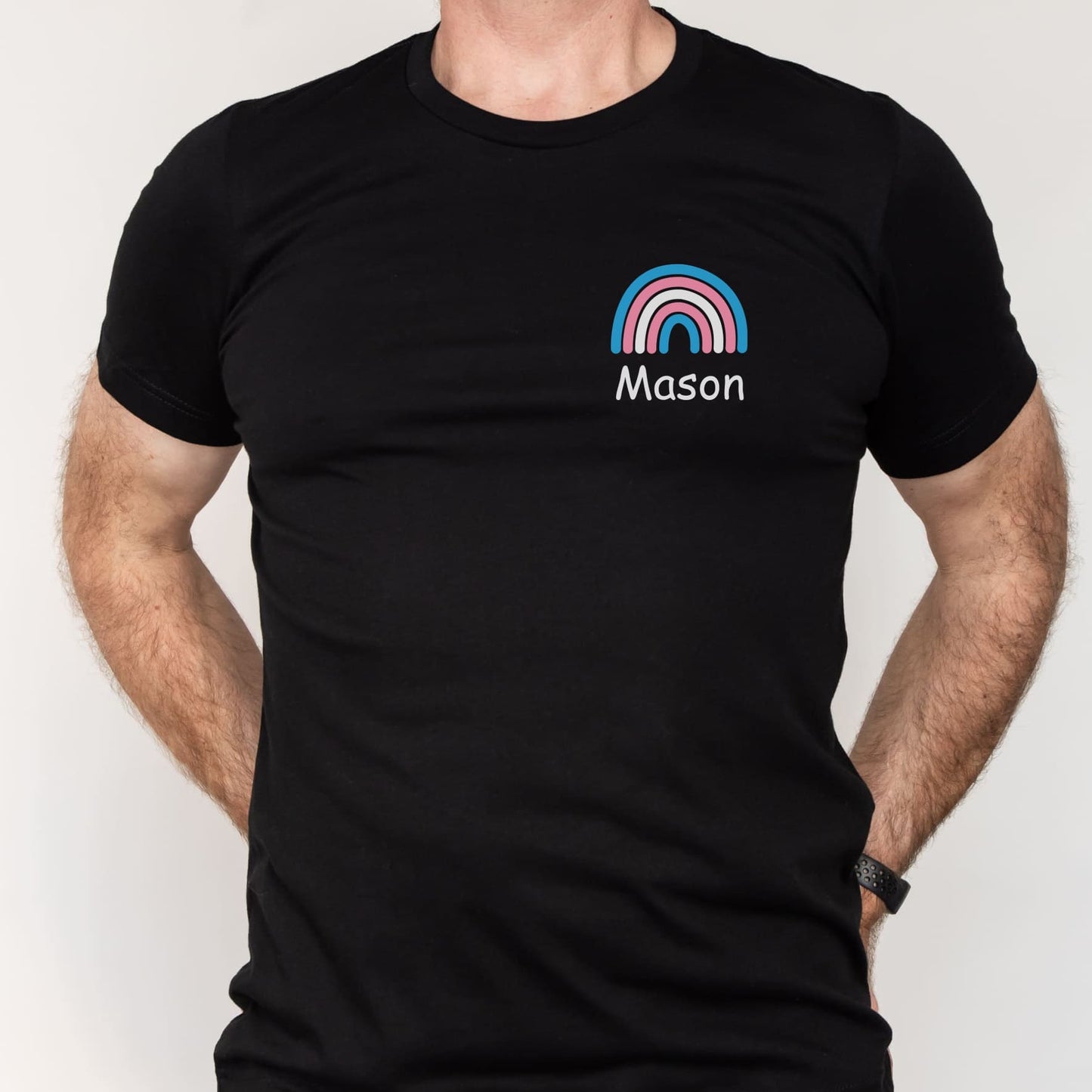 Black t-shirt with a rainbow design and 'Mason' text on a plain background: Personalized Name Transgender Shirt, Chosen Name Trans Pride Tee, Cute Rainbow Pocket Design T-Shirt, Custom MTF Or FTM Coming Out Gift