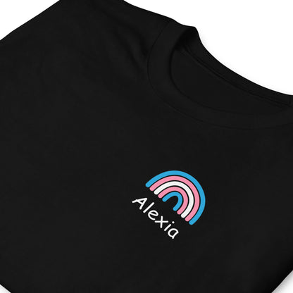 Black t-shirt with a rainbow and 'Alexia' logo on a white background: Personalized Name Transgender Shirt, Chosen Name Trans Pride Tee, Cute Rainbow Pocket Design T-Shirt, Custom MTF Or FTM Coming Out Gift