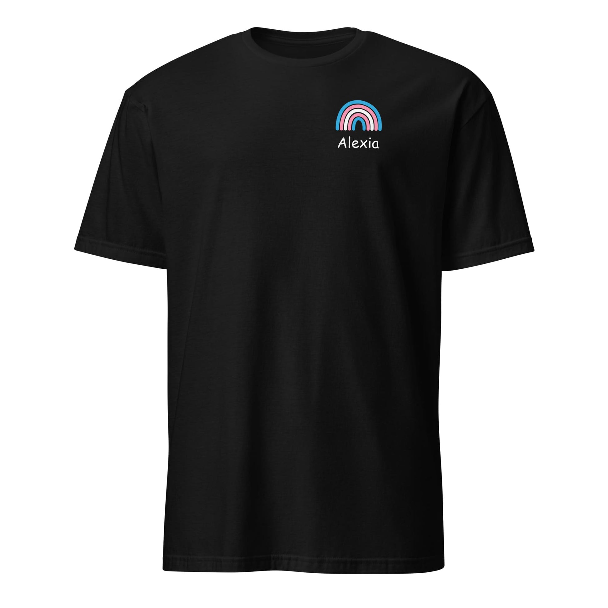Black t-shirt with a rainbow and 'Alexia' logo on a white background: Personalized Name Transgender Shirt, Chosen Name Trans Pride Tee, Cute Rainbow Pocket Design T-Shirt, Custom MTF Or FTM Coming Out Gift