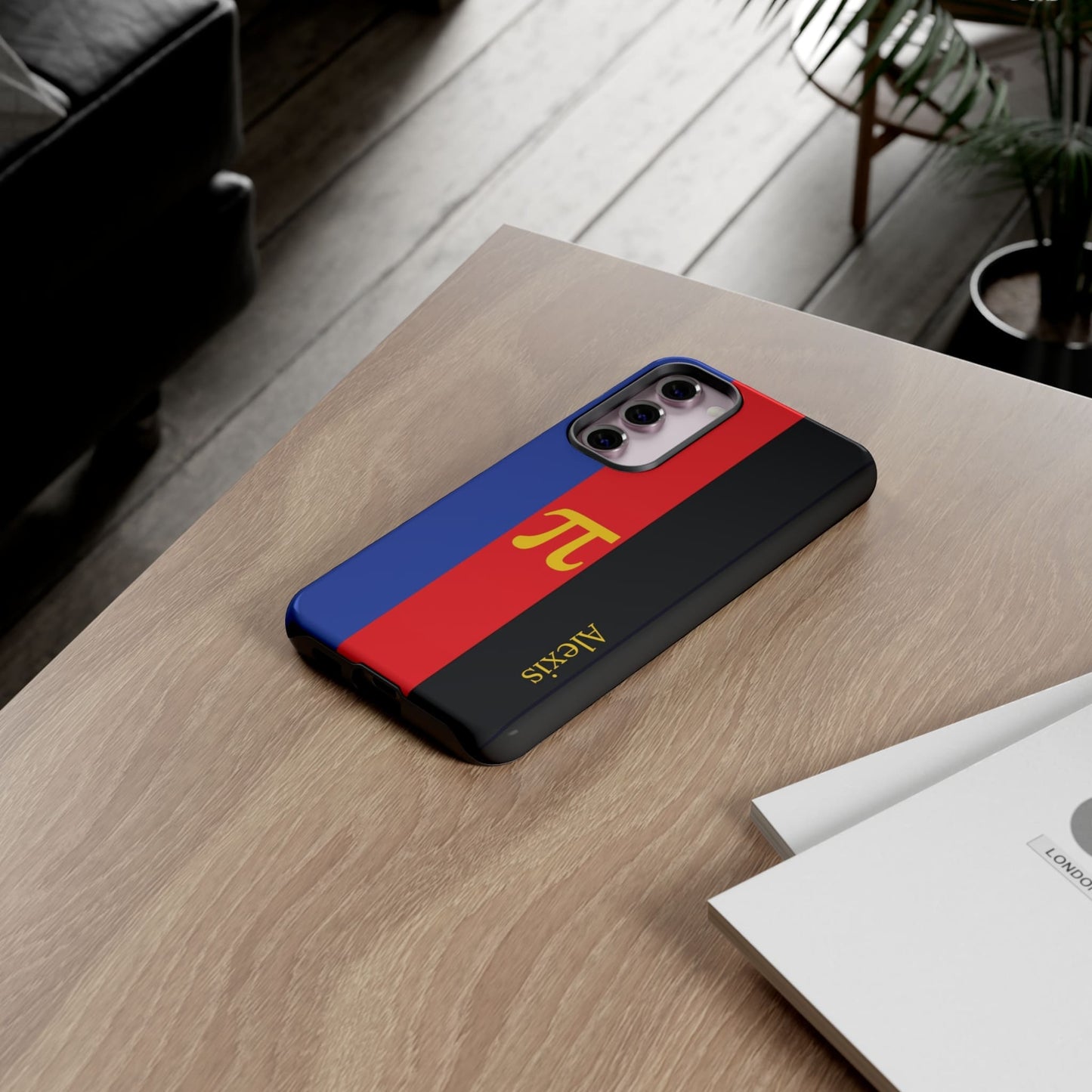 polyamory flag phone case, on table