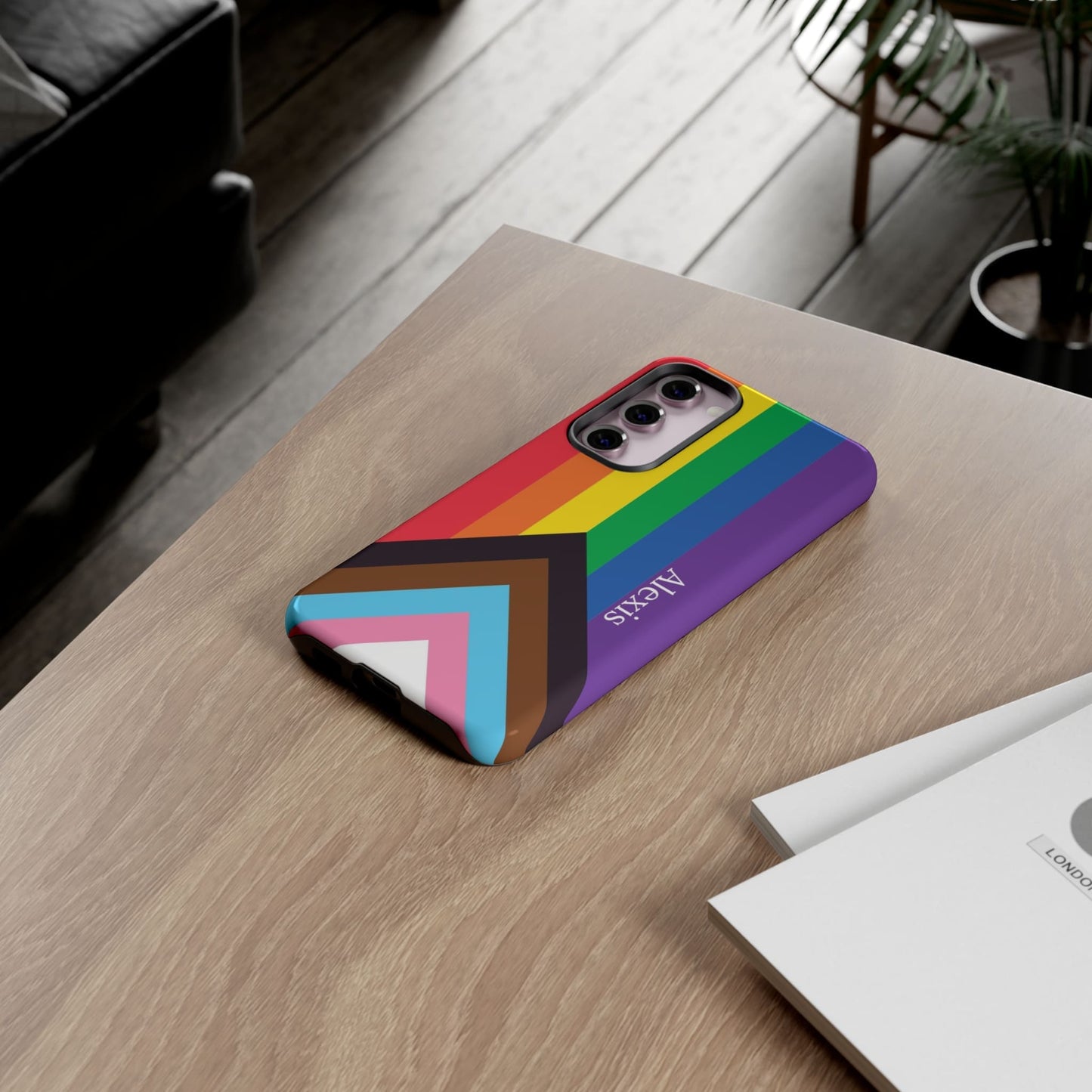 personalized progress pride flag phone case, on table