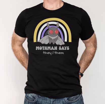Black t-shirt with Mothman graphic and text on a white background: Personalized Nonbinary Mothman Shirt, Custom Pronouns Enby Pride Cryptid Tee, Folklore Mythology They Them T-Shirt, Queer Cryptozoology Gift