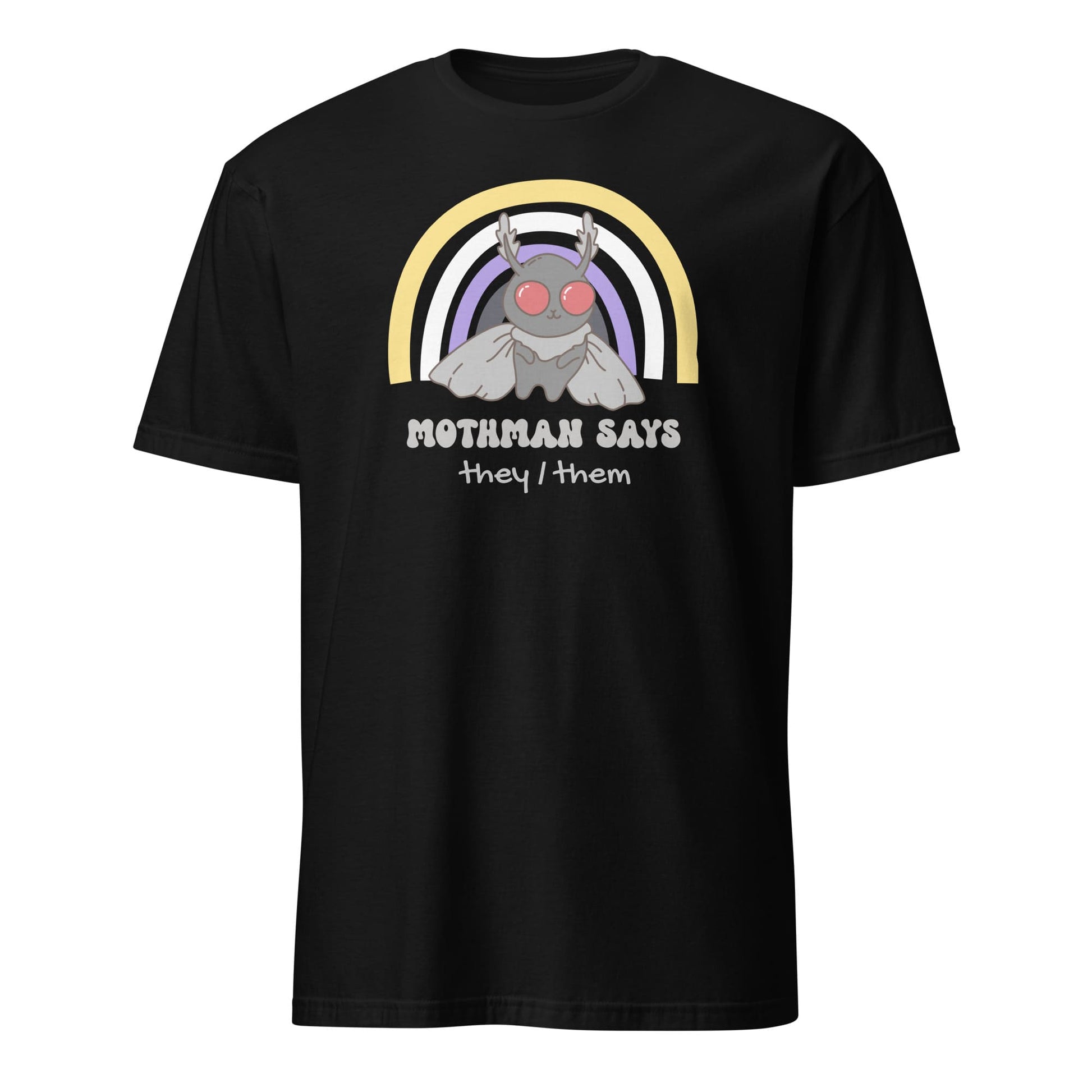 Black t-shirt with Mothman graphic and text on a white background: Personalized Nonbinary Mothman Shirt, Custom Pronouns Enby Pride Cryptid Tee, Folklore Mythology They Them T-Shirt, Queer Cryptozoology Gift