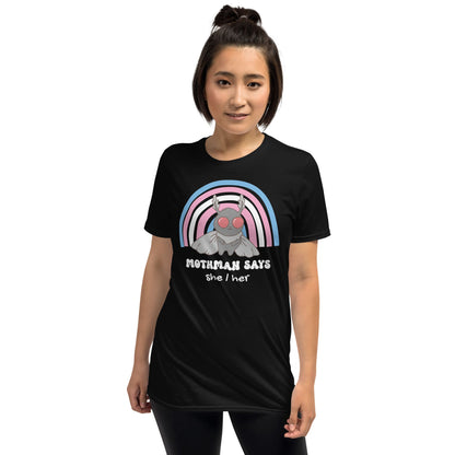 Person wearing a black t-shirt with a graphic design and text on a white background: Personalized Trans Mothman Shirt, Custom Pronouns Transgender Pride Cryptid Tee, Folklore Mythology TShirt, Queer Cryptozoology FTM FTM Gift