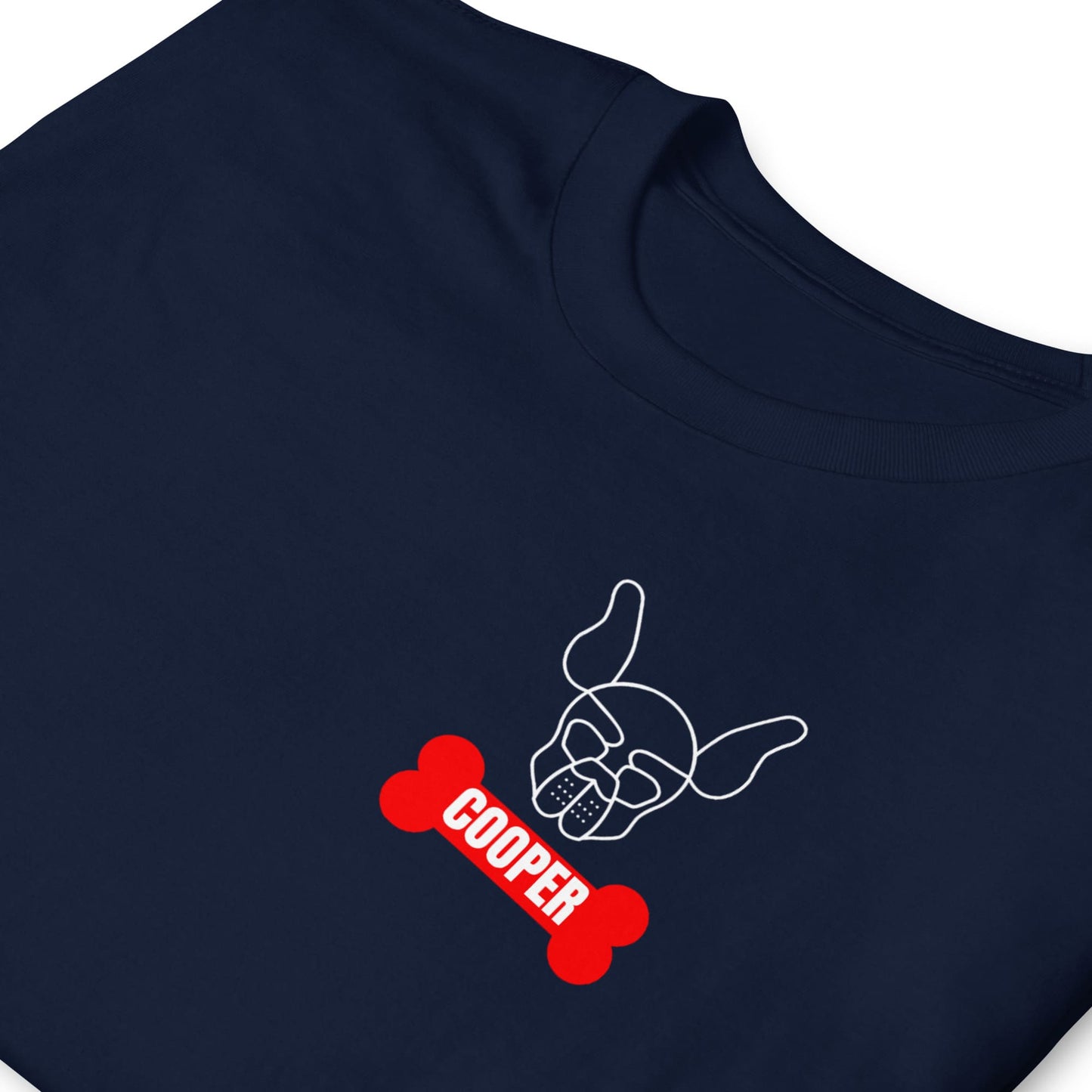 Navy blue t-shirt with a graphic of a dog bone and 'COOPER' text on a white background: Personalized Puppy Play Shirt, Custom Name Pet Pride Tee, Human Puppy T-Shirt, Petplay Merch, Gift For Pup & Handler, Puppy Hood Design
