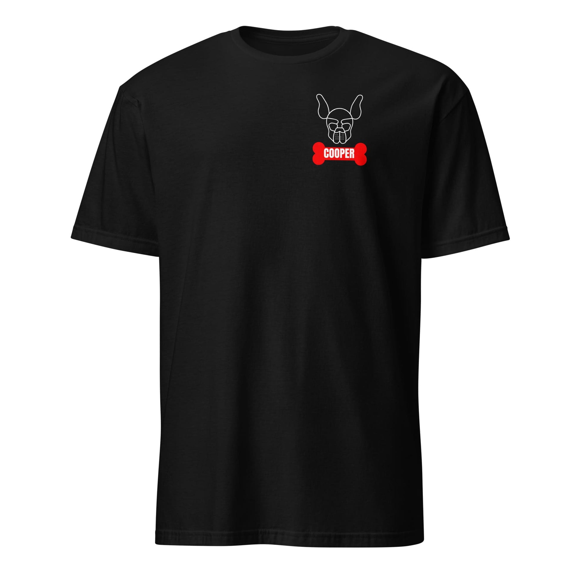 Black t-shirt with a dog-themed graphic and 'Cooper' text on a white background: Personalized Puppy Play Shirt, Custom Name Pet Pride Tee, Human Puppy T-Shirt, Petplay Merch, Gift For Pup & Handler, Puppy Hood Design